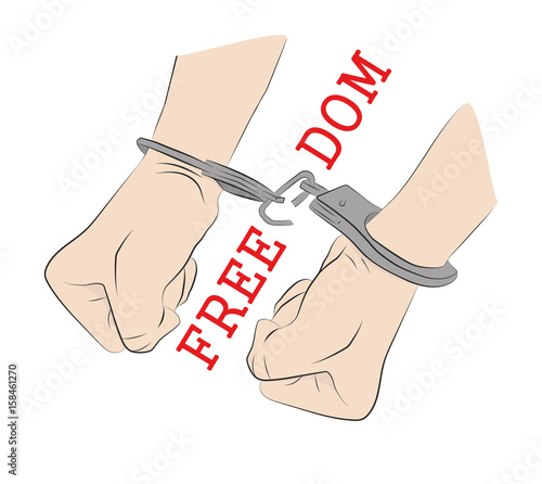 Hands with broken shackles. The concept of freedom and independence. Hand drawn cartoon vector illustration for design and infographics.