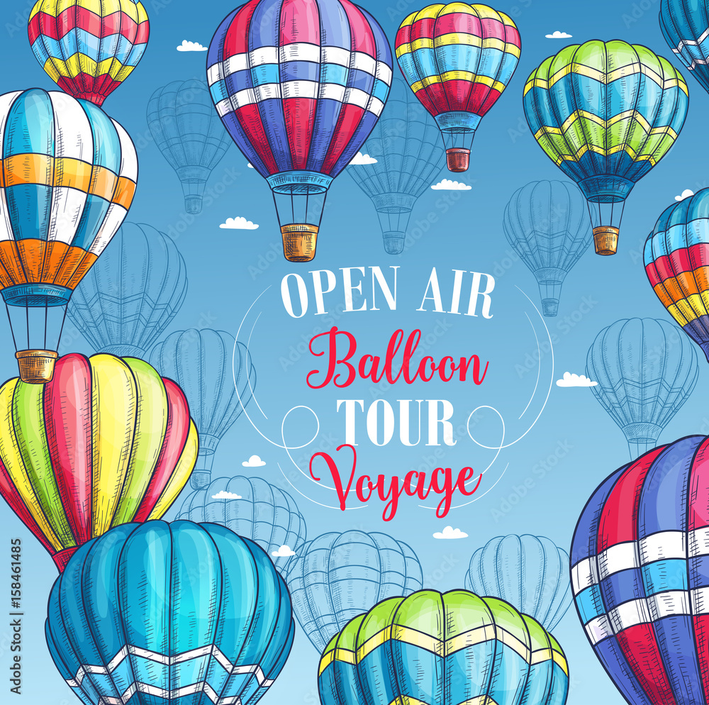 Naklejka premium Vector poster for hot air balloon tour voyage