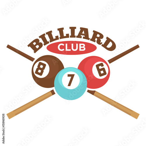 Billiard club vector label template of crossed pool cues and balls