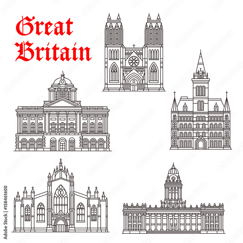 Great Britain architecture landmarks vector icons