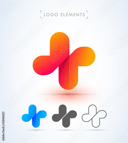 Abstract letter X or + sign logo template. Origami paper style. Material design.