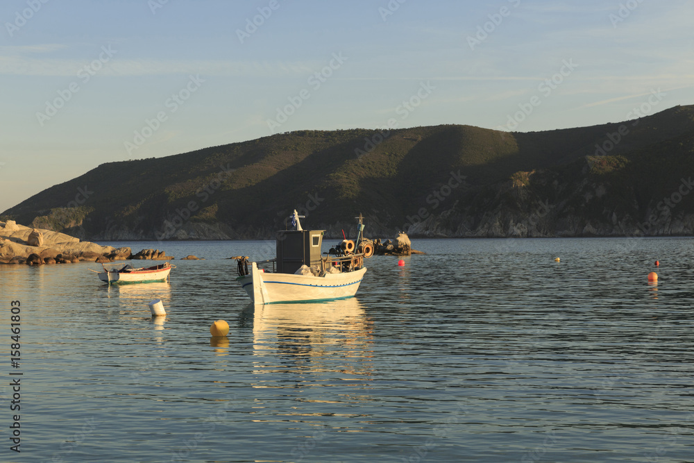 Traditional Greek fishing boats in the natural bay, Colorful boats in Aegean sea, Photo of beautiful blue sea with floating boats and nature