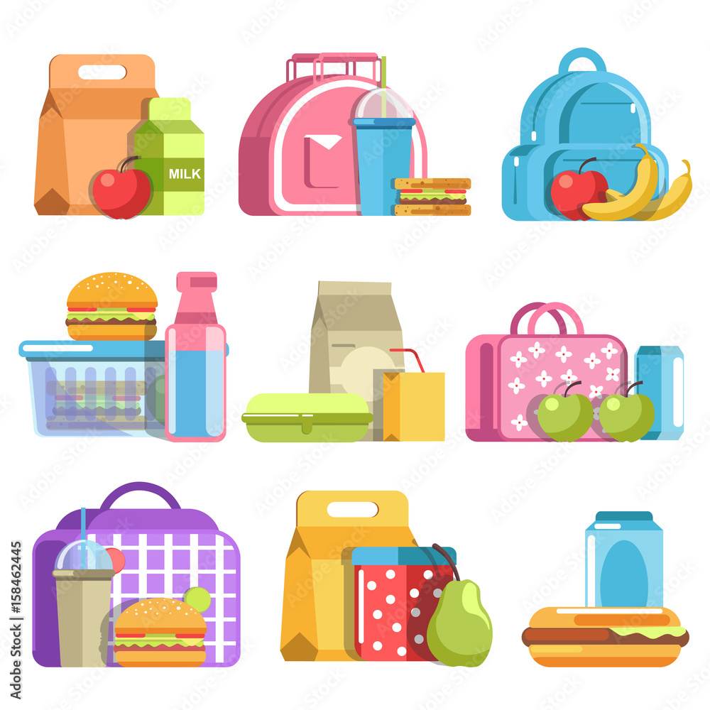 School lunch and meal boxes, containers and bottles, vector flat isolated icons School lunch and meal boxes, containers and bottles, vector flat isolated icons