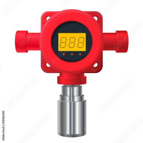 Vector gas detector. Red gas-meter with digital LCD display. Toxic sensor heater, adjustable values. Safety sensor detect poisoning with gas programmable alarm relays.