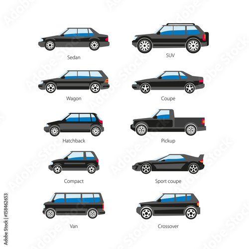 Car or automobile body type names vector flat isolated icons set