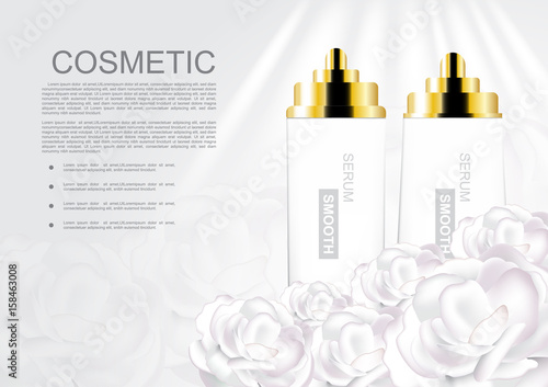 Serum set and white roses with template and shining light on white background vector cosmetic ads