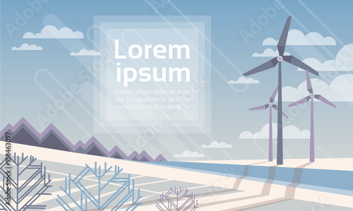 Wind Turbine Tower In Winter Snow Field Alternative Energy Source Technology Flat Vector Illustration