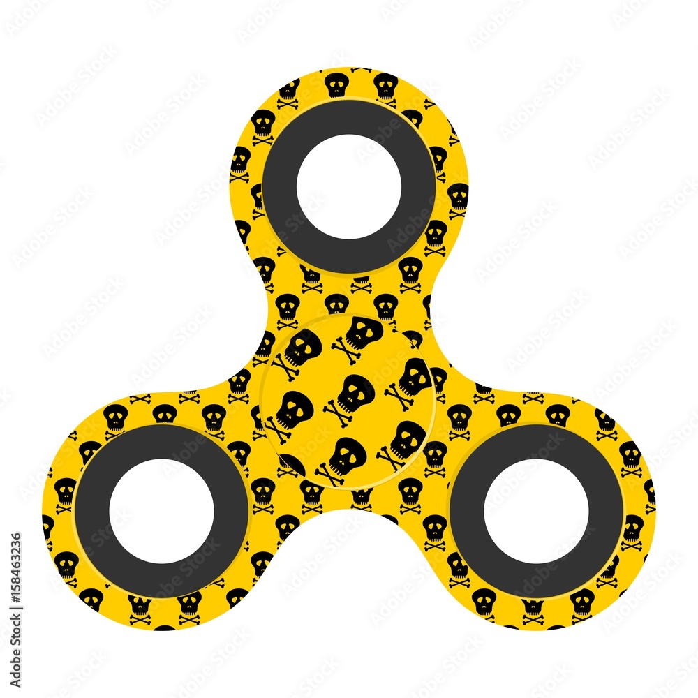 Yellow design fidget spinner with bearing with black skull. Modern  children's hand spinning toy on white background Stock Vector
