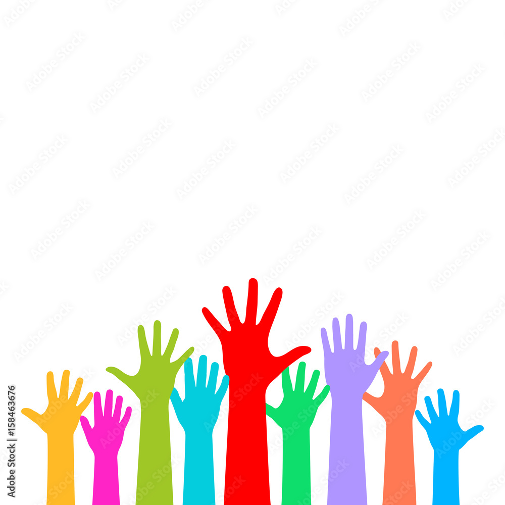 Many raised hands on white background