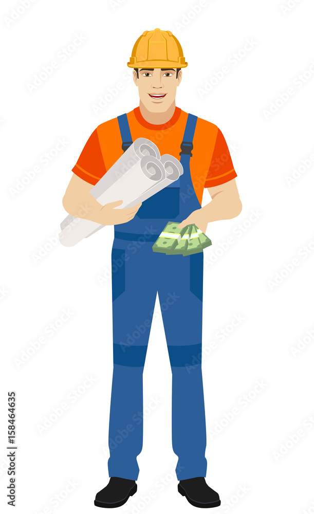 Builder holding the project plans and showing cash money Builder holding the project plans and showing cash money