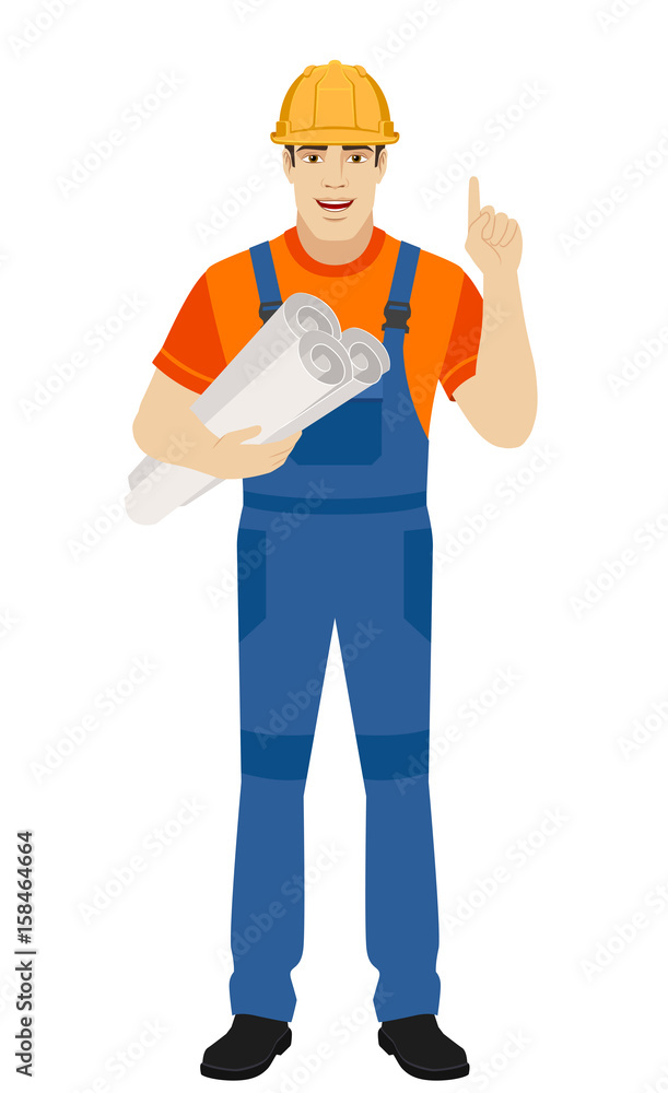 Builder holding the project plans and pointing up Builder holding the project plans and pointing up