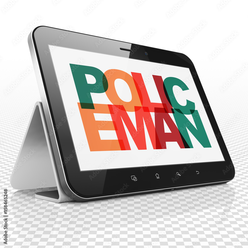 Law concept: Tablet Computer with Policeman on display Law concept: Tablet Computer with Policeman on display