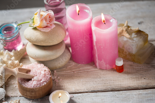 composition of spa treatment on white wooden