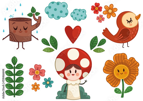 Cute Cartoon Characters in Nature Theme. (Vector illustration)