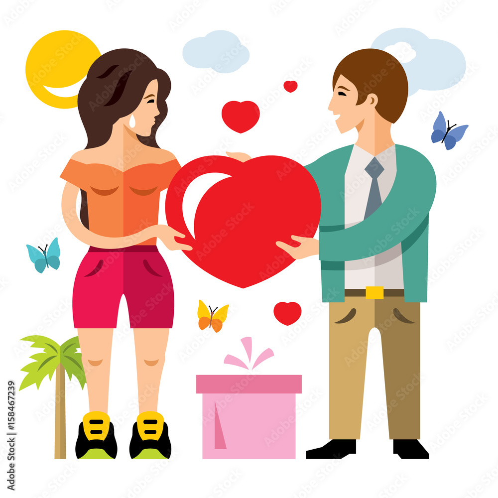 Vector Romantic Couple. Give Love. Valentines Day. Flat style colorful Cartoon illustration. Vector Romantic Couple. Give Love. Valentines Day. Flat style colorful Cartoon illustration.
