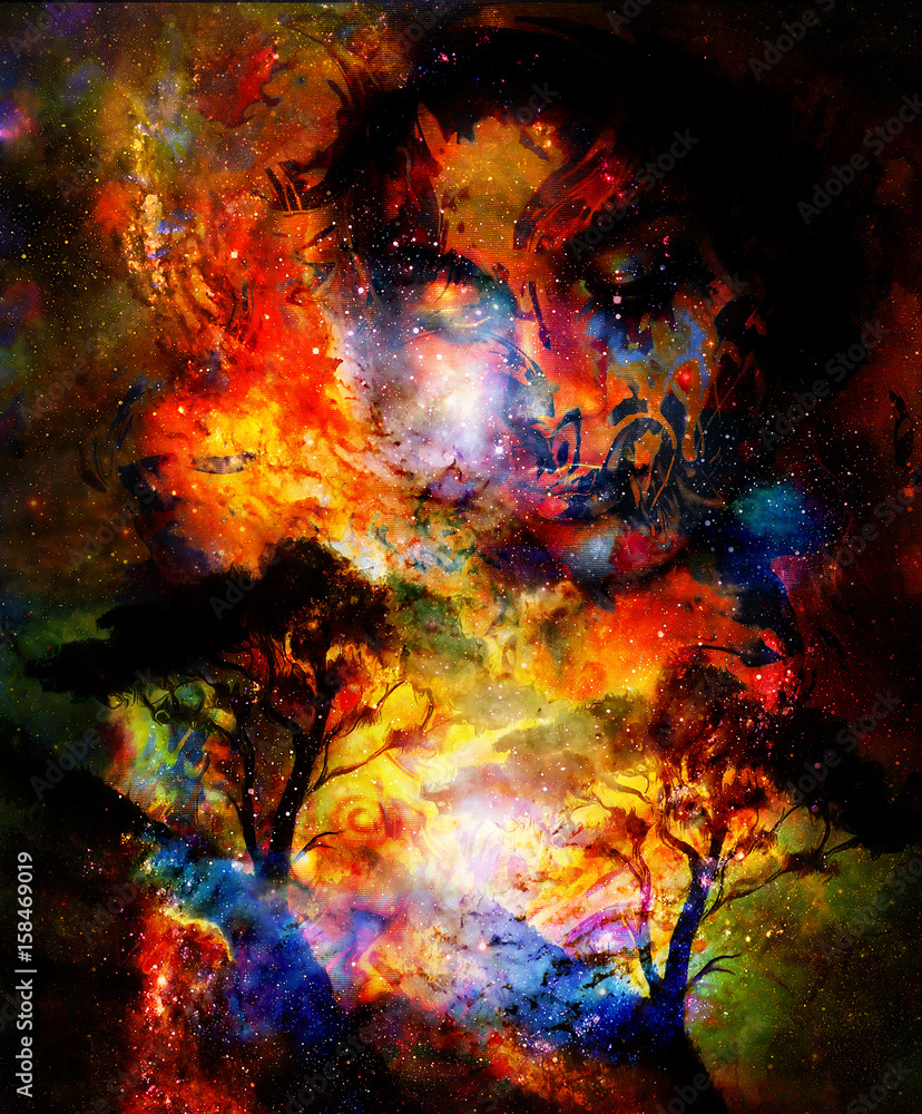 Goddess woman and tree in cosmic space. Graphic effect. Goddess woman and tree in cosmic space. Graphic effect.