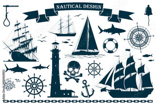 Set of sailing ships with nautical design elements. Vector illustration