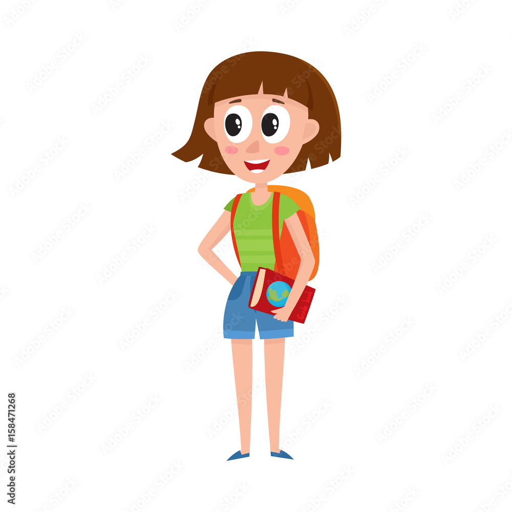 Young pretty woman, tourist with backpack and guide on vacation tour, cartoon vector illustration isolated on white background. Full length portrait of young woman, girl tourist on sightseeing tour Young pretty woman, tourist with backpack and guide on vacation tour, cartoon vector illustration isolated on white background. Full length portrait of young woman, girl tourist on sightseeing tour