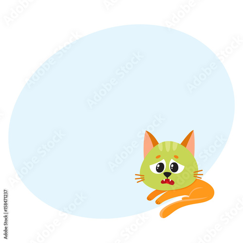 Little red cat, kitten feeling sick to stomach, green from nausea, lying, looking helpless, cartoon vector illustration with space for text. Sick little cat having nausea, foodborne disease