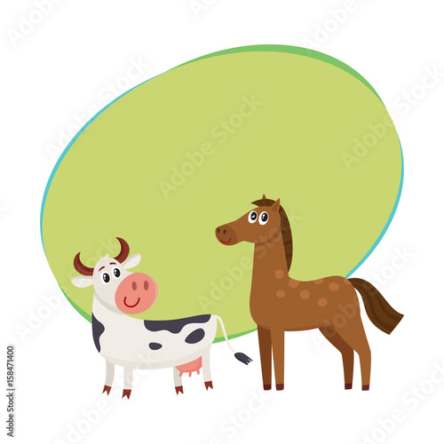 Brown horse, black and white cow with big eyes, side view cartoon vector illustration with space for text. Cute and funny farm horse and cow with friendly face and big eyes