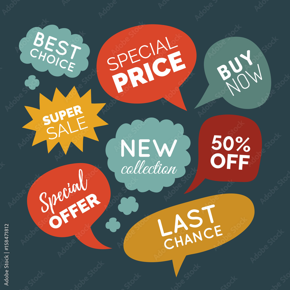 Vector set of comic speech bubbles Sale stickers. Discount card collection, Buy Now, Special Offer, Best Choice etc. Vector set of comic speech bubbles Sale stickers. Discount card collection, Buy Now, Special Offer, Best Choice etc.
