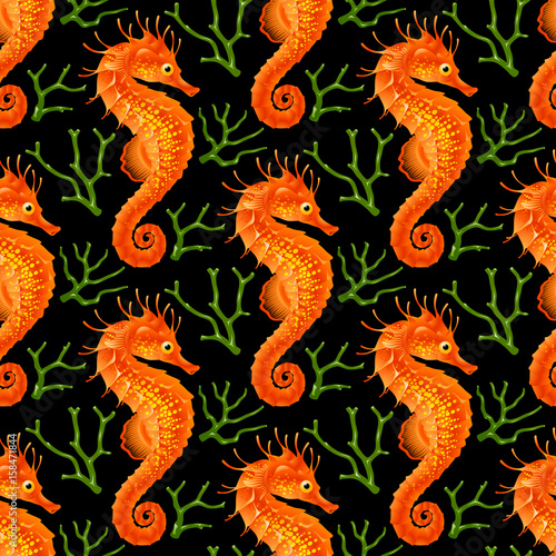Vector Seamless Pattern whith Seahorse. Red Thorny Hippocampus and Green Coral Isolated on Black Background. Use for Sea Wallpaper, Gift Wrap or Wrapping Paper