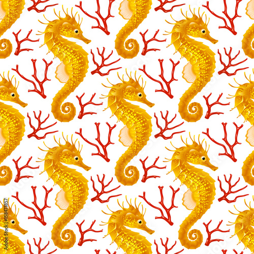 Vector Seamless Pattern whith Seahorse. Yellow Thorny Hippocampus and Red Coral Isolated on White Background. Use for Sea Wallpaper, Gift Wrap or Wrapping Paper