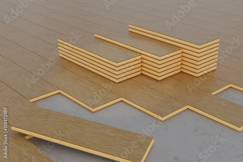 3D rendering of stacks of wooden timber planks on the wooden floor