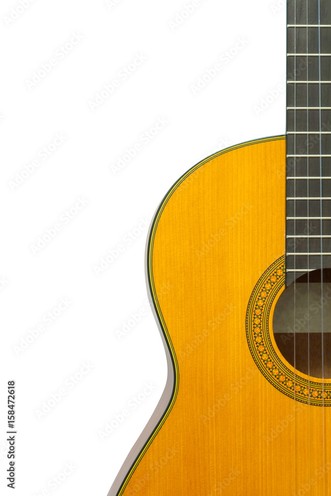 Fragment of classical guitar on a white background (isolate, copy space)