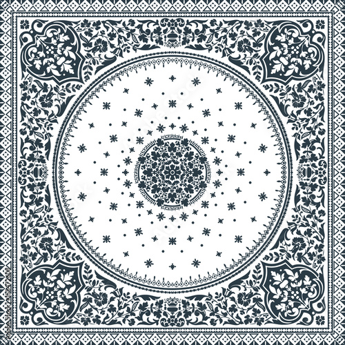 Victorian floral paisley medallion ornamental rug vector. Ethnic mandala towel frame. Vintage flower tile. Black and white. Textile, greeting business card, coloring book, phone case print