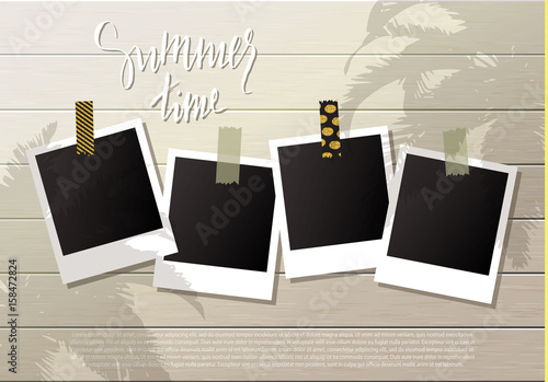 Summer background .Set of photo frames with adhesive tape. Wooden wall. Vector illustration.