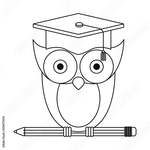 sketch silhouette of owl knowledge with cap graduation on pencil vector illustration
