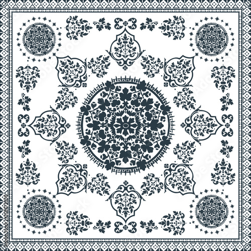 Victorian floral paisley medallion ornamental rug vector. Ethnic mandala towel frame. Vintage flower tile. Black and white. Textile, greeting business card, coloring book, phone case print