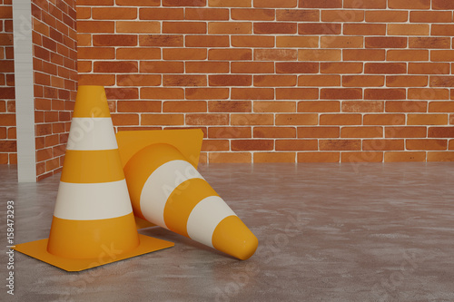 3D rendering of a construction site with yellow cones