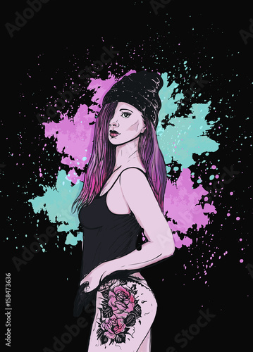 Beautiful girl in hat with tattoo