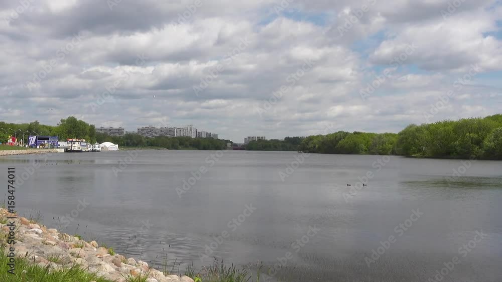 View of the Moscow River in Kolomenskoye Park. Zoom out video View of the Moscow River in Kolomenskoye Park. Zoom out video