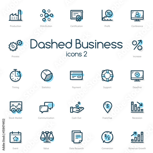 Business line icons set with blue accent isolated on light background.