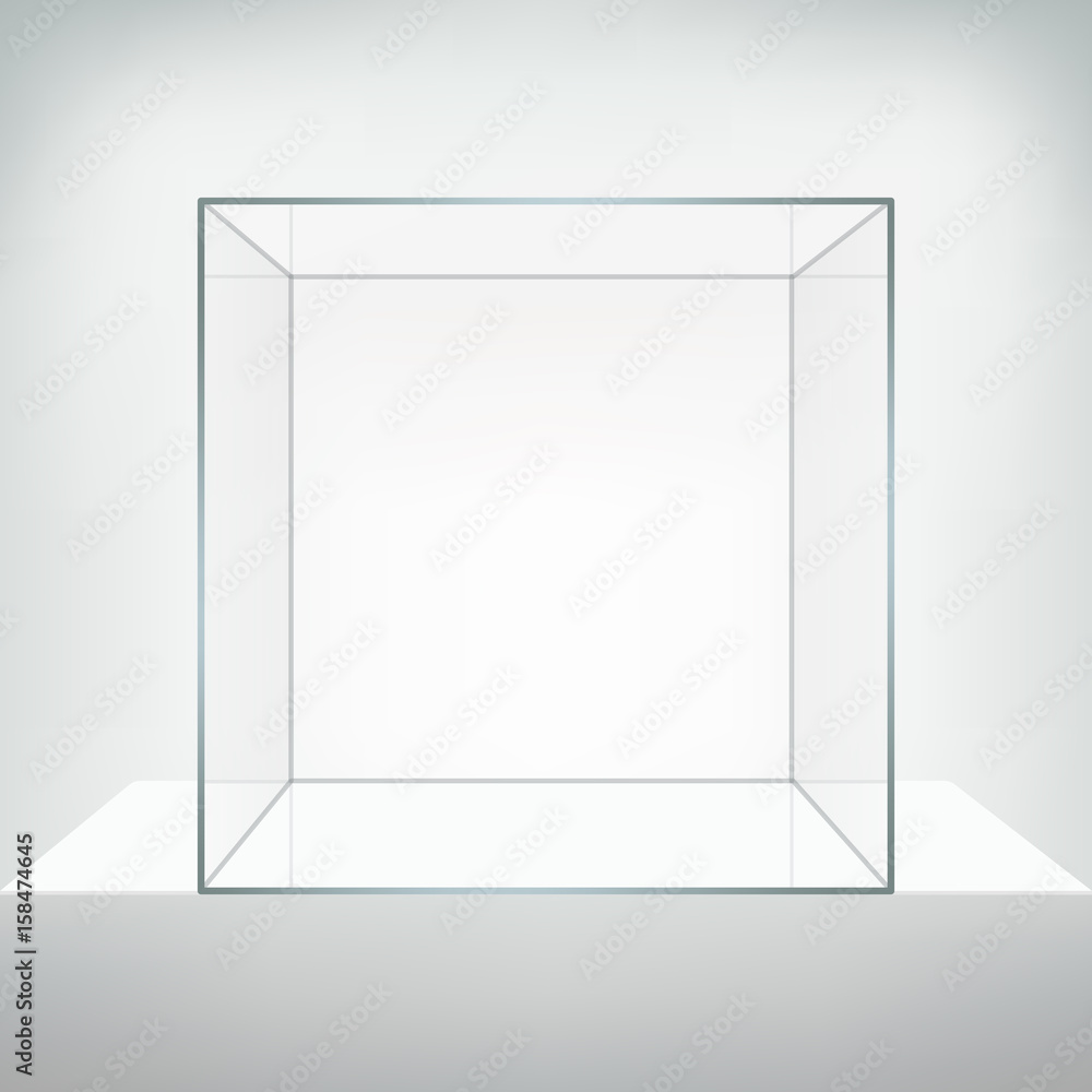 Glass vector showcase. Square empty glass box on white podium. Glass vector showcase. Square empty glass box on white podium.