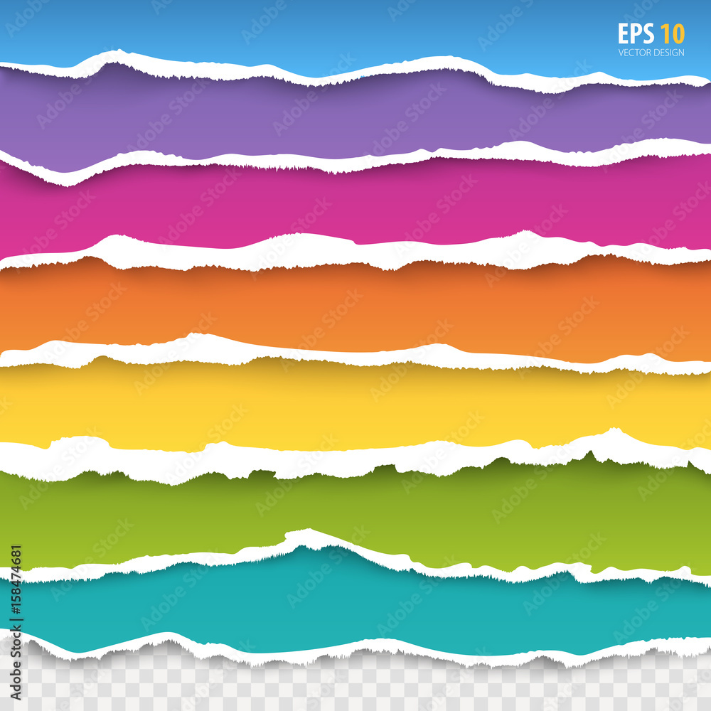 Torn paper edges vector: blue, pink, violet, orange, yellow, green,  turquoise color paper. Realistic colored torn papers with ripped edge on  transparent background. Torn page banners for web, print. Stock Vector