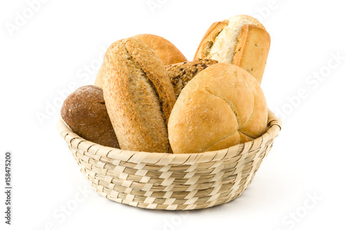 Mixed bread in basket isolated on white background
