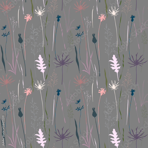 Vector floral seamless pattern with wild meadow flowers, herbs and grasses.Th...