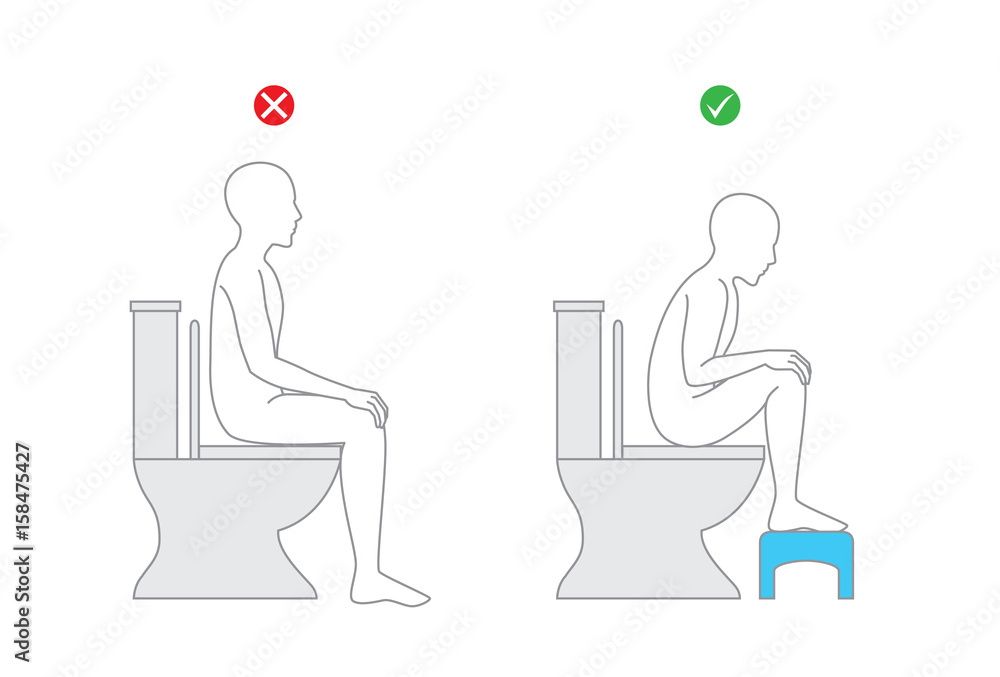 Correct posture when sitting on toilet seat for healthy. Put foot on bathing benches during