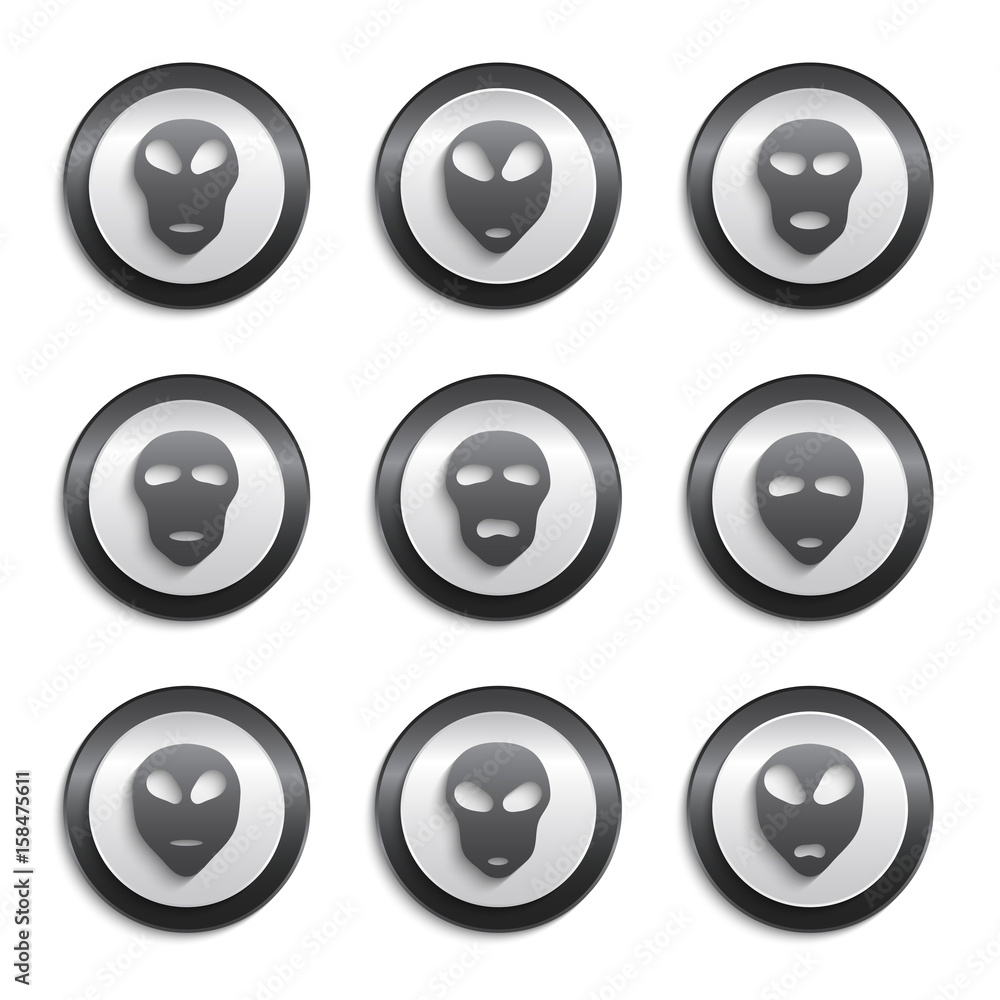 Set of alien face silhouette. Alien signs.Buttons. Set of alien face silhouette. Alien signs.Buttons.