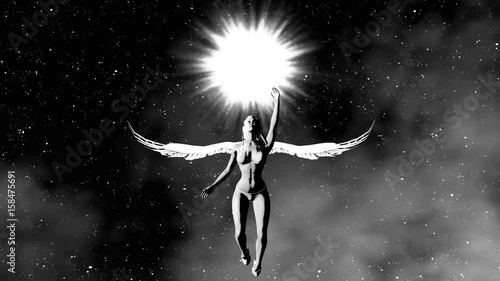 Angel girl flying to the sun. 4K.