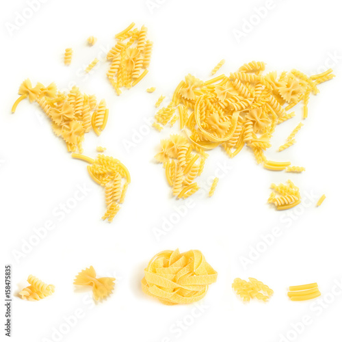 pasta world on white background with different pasta types below