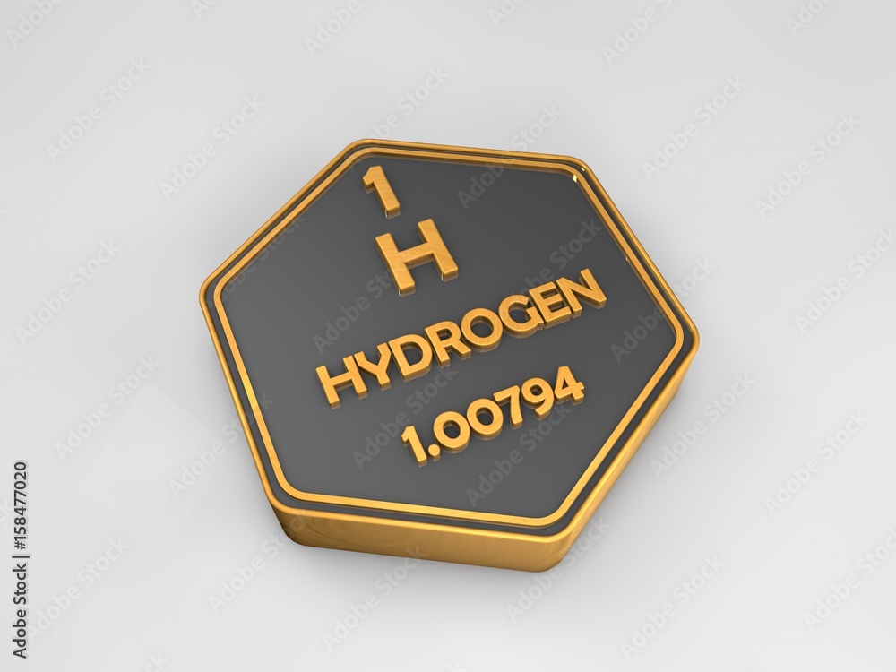 Hydrogen - H - chemical element periodic table hexagonal shape 3d illustration