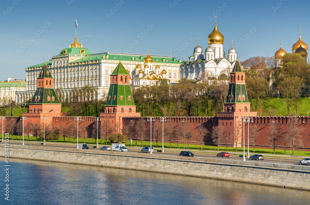 Morning view of Moskva River, embankments, Kremlin Towers in Moscow, Russia. Morning view of Moskva River, embankments, Kremlin Towers in Moscow, Russia.