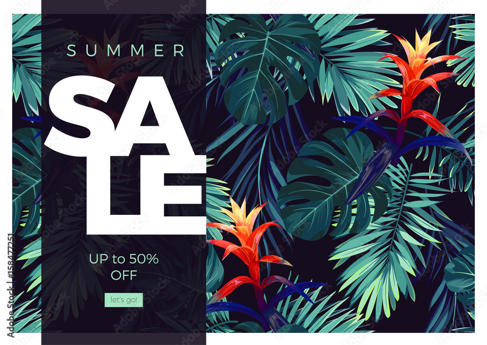 Obraz premium Floral sale design with guzmania flowers, monstera and royal palm leaves. Exotic hawaiian vector background.
