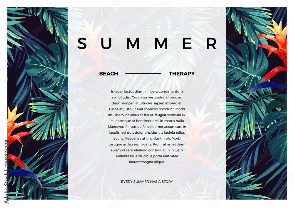 Naklejka premium Floral horizontal postcard design with guzmania flowers, monstera and royal palm leaves. Exotic hawaiian vector background.