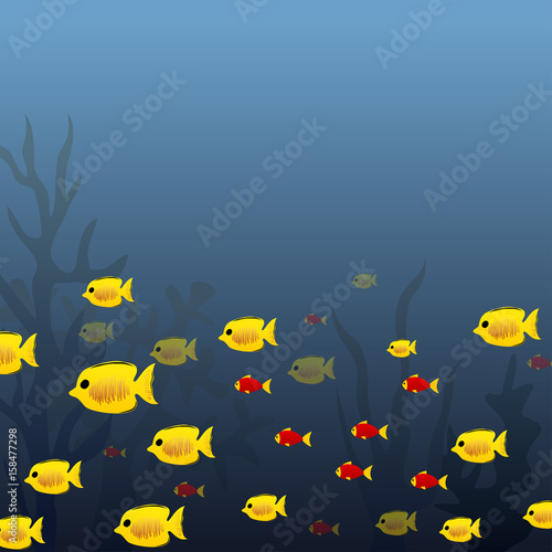 Underwater ocean scene of yellow and red fish